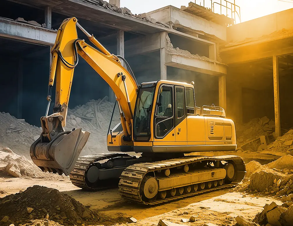 A yellow excavator with a large bucket is parked inside a partially demolished building with scattered debris in the background. Sunlight streams in from the right, illuminating the scene, as it prepares for further excavation work and small demo tasks alongside efficient dumpster removal.