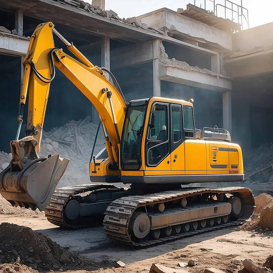 A yellow excavator with a bucket attachment is parked at a construction site with a partially demolished building in the background, ready for small demo tasks like pool removal.