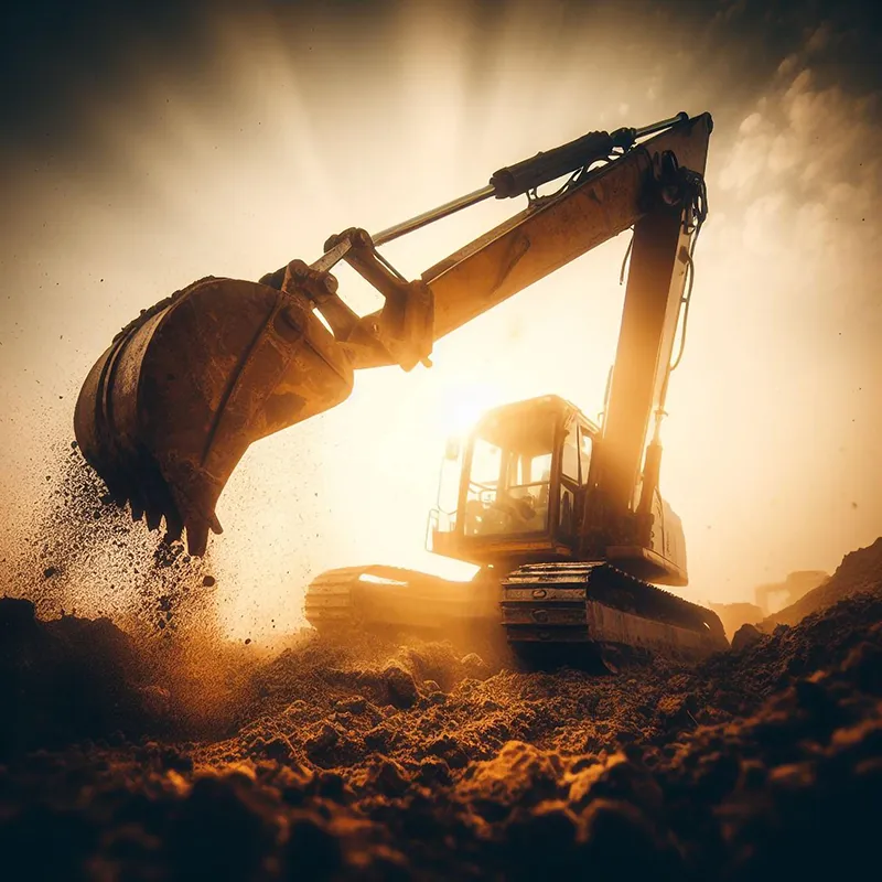 An excavator is diligently digging into the ground at a construction site for a small demo project, with the sun setting beautifully in the background.