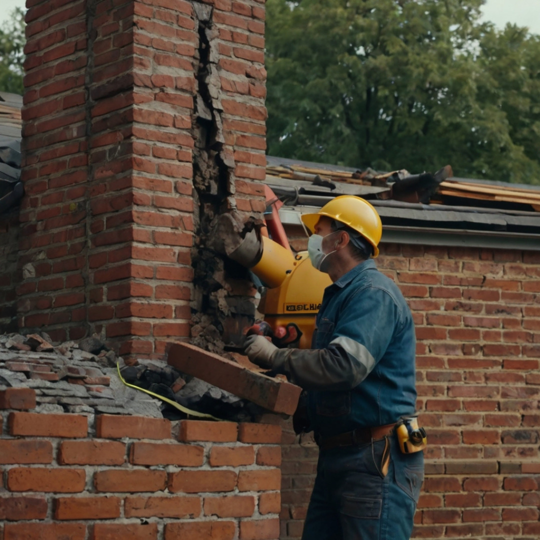 A worker in a hard hat and face mask inspects and removes loose bricks from a damaged chimney, as part of a comprehensive chimney demolition project on the brick structure.